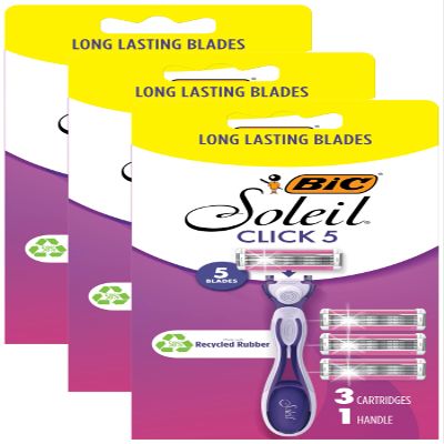BIC Soleil Click 5 Women's 5-Blade Disposable Razor, 1 Handle and 3 Cartridges (Pack of 3)