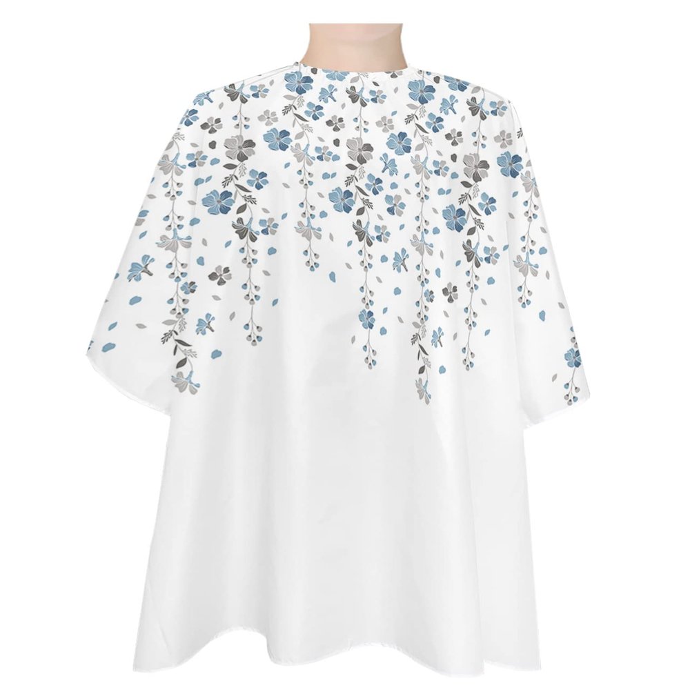 Leaves Flowers Barber Cape - Salon Hair Cutting Cape for Women, Men, Kids, Adults, Blue Grey Floral Plant White Haircut Cape with Adjustable Elastic Neckline Hairdressing Stylist Cape Gown Accessories