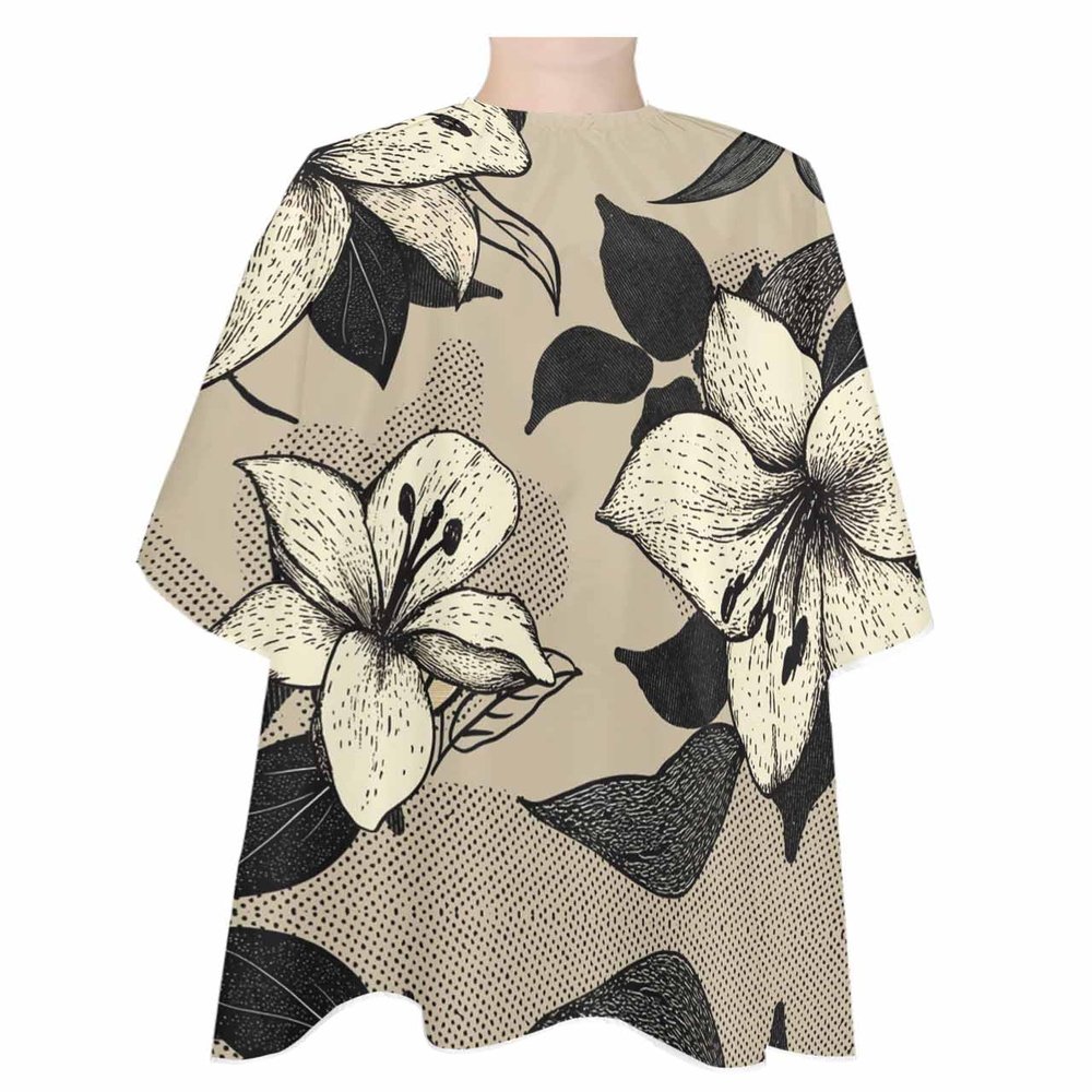 Retro Flowers Barber Cape - Salon Hair Cutting Cape for Women,Men,Kids,Adults,Black Tan Brown Floral Abstract Aesthetics Line Art Haircut Cape with Elastic Neckline Hairdressing Stylist Cape Gown