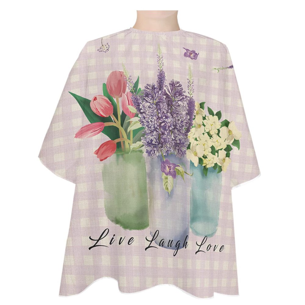 Watercolor Tulips Lavender Jasmine Barber Cape-Salon Hair Cutting Cape for Women,Men,Kids,Adults,Rustic Green Blue Purple Vase Pink Plaid Haircut Cape with Elastic Neckline Hairdressing Stylist Cape