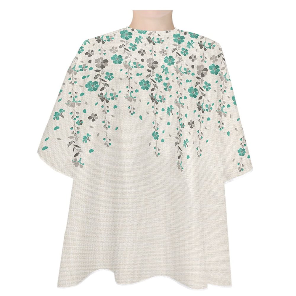 Teal Flower Leaves Barber Cape - Salon Hair Cutting Cape for Women,Men,Kids,Adults,Summer Fall Retro Grey Plant Flowers Haircut Cape with Elastic Neckline Hairdressing Stylist Cape Gown Accessories