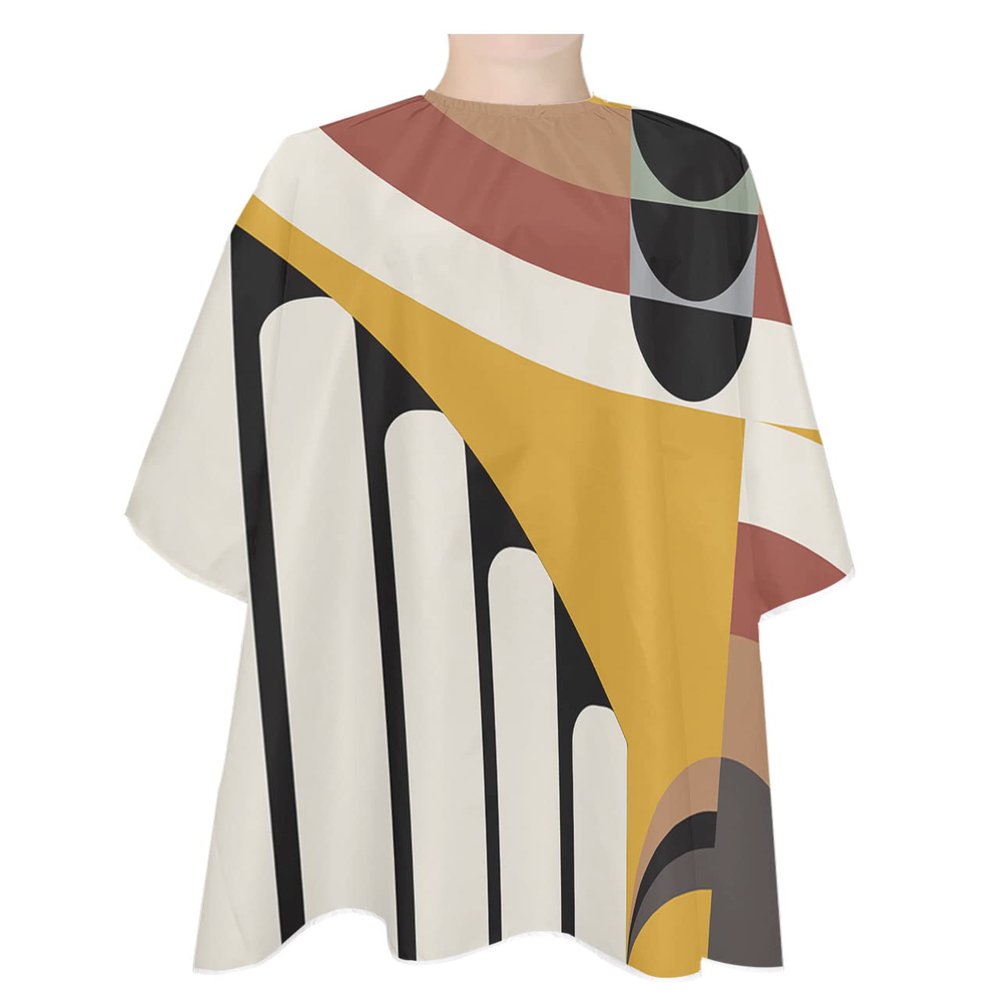 Geometric Barber Cape - Salon Hair Cutting Cape for Women,Men,Kids,Adults,Abstract Black Middle Century Boho Yellow Red Stripes Haircut Cape with Elastic Neckline Hairdressing Stylist Cape Gown