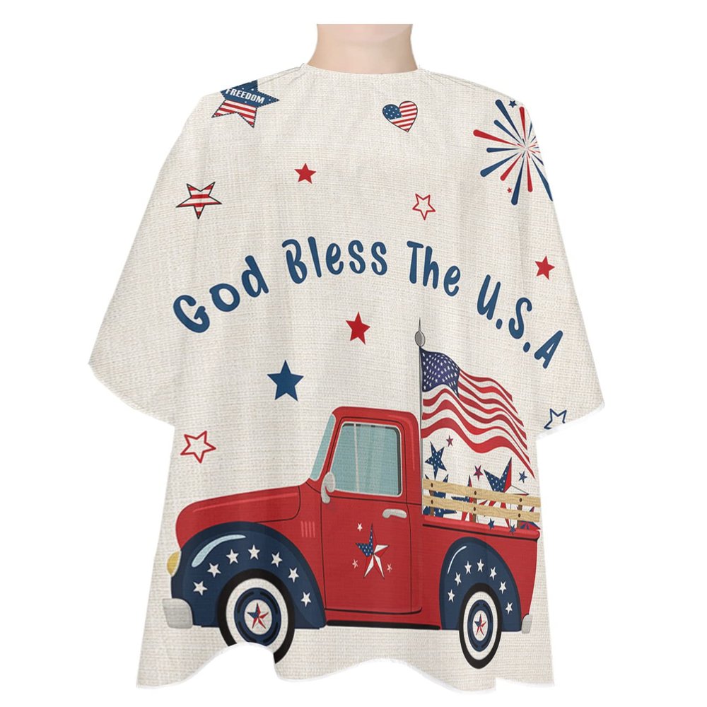 Red Farmhouse Truck Barber Cape - Salon Hair Cutting Cape for Women,Men,Kids,Adults,Independence Day Patriotic Flag Red Blue Haircut Cape with Elastic Neckline Hairdressing Stylist Cape Gown