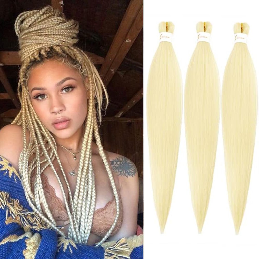 Blonde Braiding Hair Pre Stretched 3 Packs 24 Inch Pre-stretched Braiding Hair Soft Yaki Texture, Hot Water Setting Hair Extensions for Braids Bleached (24in,#613)