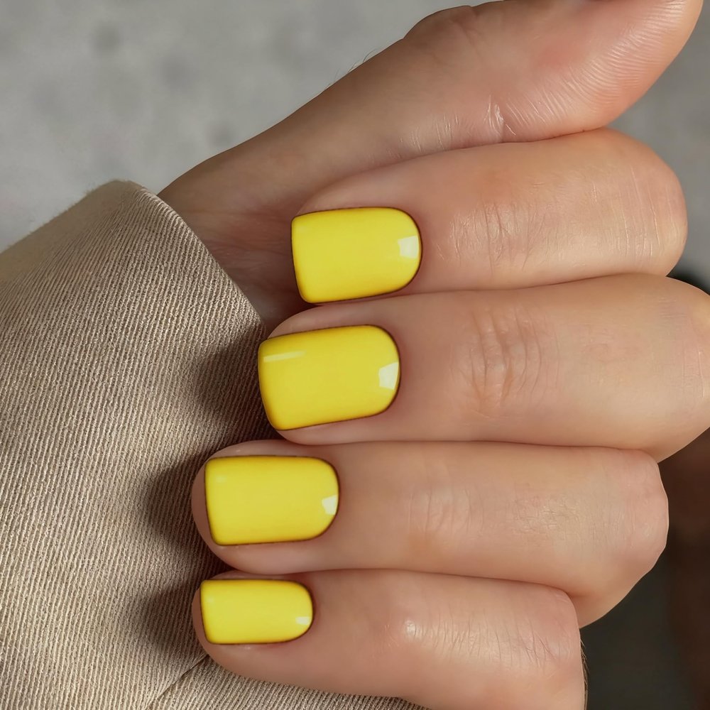 Short Press on Nails Square Yellow Set,Glazed Gel Nails Press on Acrylic Nail Pure Color Fake Short Nail Glue on Natural Petite False Nails Bright Stick on Nails 24 Pcs