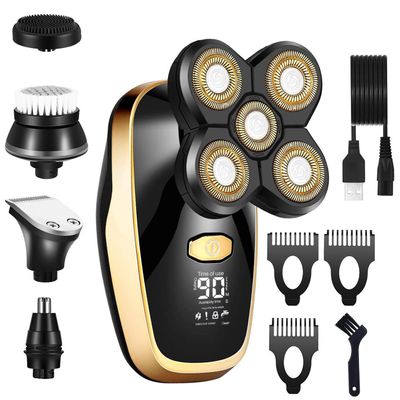 Electric Razor for Men, 5 In1 Wet Dry Facial Boby Grooming Shaver Rechargeable Electric Shaver Bald Head Electric Razor Beard Hair Shaving Machine (Color : Gold)