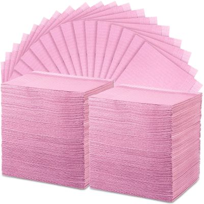 Newwiee 250 Pcs Disposable Nail Table Towels Mat, 13'' x 18'' Patient Bibs 3 Ply Waterproof Tattoo Bibs Nail Towels Paper Tray Covers Clean Pads Tattoo Supplies (Pink)