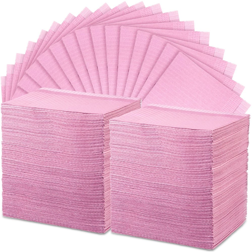 Newwiee 250 Pcs Disposable Nail Table Towels Mat, 13'' x 18'' Patient Bibs 3 Ply Waterproof Tattoo Bibs Nail Towels Paper Tray Covers Clean Pads Tattoo Supplies (Pink)