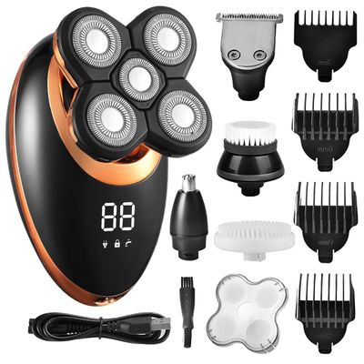 Electric Razor for Men, 5 in 1 Electric Shaver for Men Beard Hair Trimmer Electric Razor 5D Floating Five Blade Heads Electric Nose Hair Trimmer LCD Display ( Color : Golden )