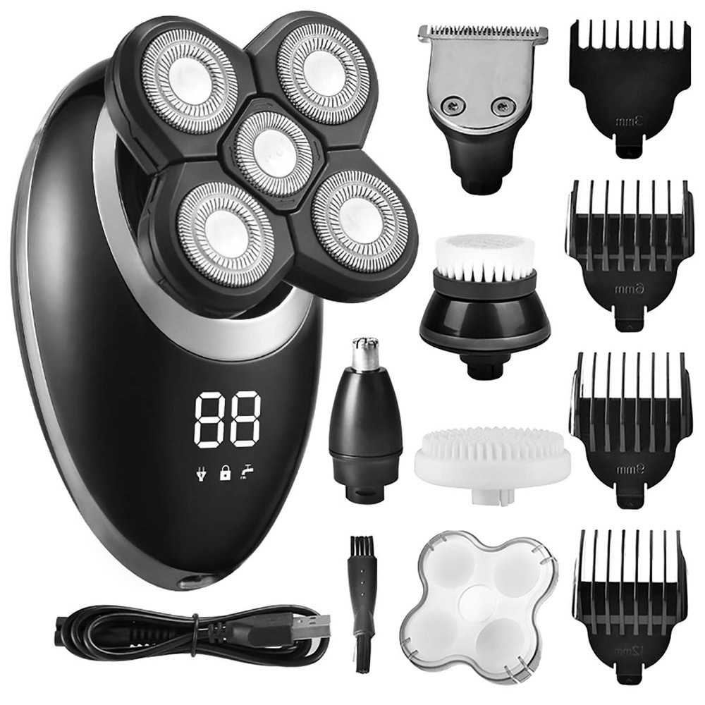 Electric Razor for Men, 5 in 1 Electric Shaver for Men Beard Hair Trimmer Electric Razor 5D Floating Five Blade Heads Electric Nose Hair Trimmer LCD Display ( Color : Silver )