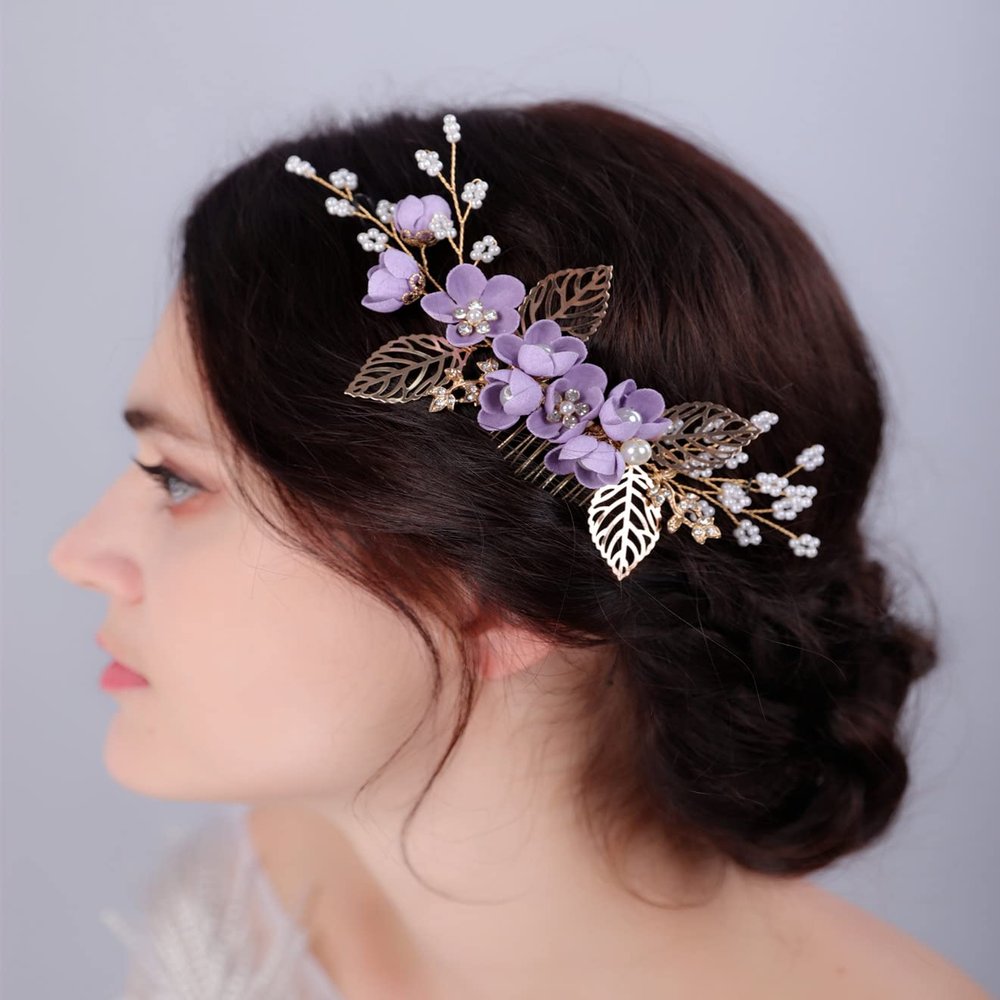 Sither Flower Hair Clip for Wedding - Purple Hair Comb for Women - Hair Accessory for Bride - Wedding Party Prom Gift