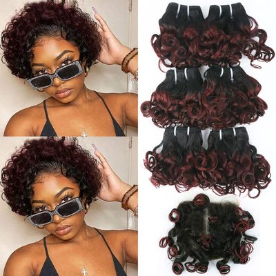 1b/99j Ombre Short Curly Wavy Bundles with Closure Brazilian Wavy Curly 6 Bundles with 4x4 Closure Unprocessed Human Hair Burgundy Red Wavy Curly Bob Human Hair Bundles and Closure(8 8 8 8 8 8+8)