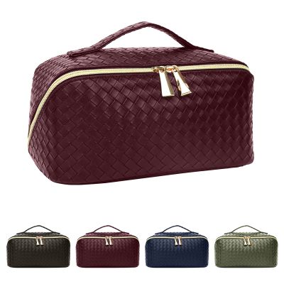 gruciso Large Capacity Makeup Bag, Zipper Women Cosmetic Bag, Travel Makeup Organizer Case, PU Leather Waterproof Cosmetic Bag, with Handle and Divider Flat Lay Cosmetic BagsRed