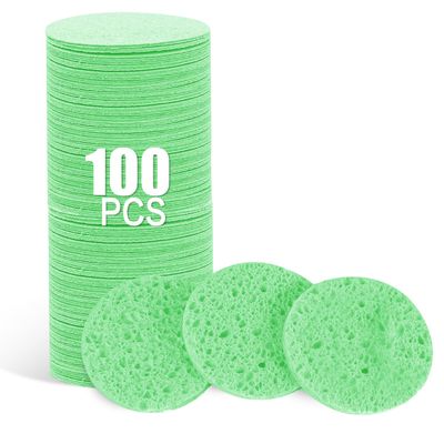 Spunspon 100-Count Facial Sponges Compressed Natural Cellulose Sponge Round Shape Face Sponge for Face Cleansing Exfoliating and Makeup Removal, Green