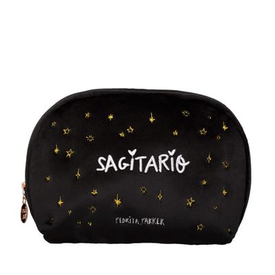 Pedrita Parker Women's Velvet Toiletry Bag with Embroidered Horoscope, Black/White, Medio