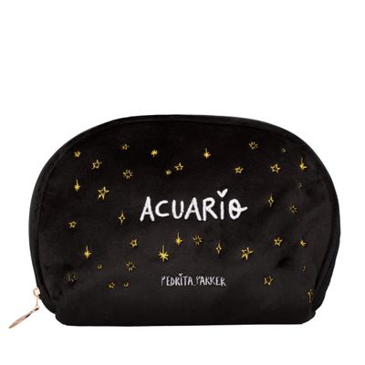 Pedrita Parker Women's Velvet Toiletry Bag with Embroidered Horoscope, Black/White, Medio