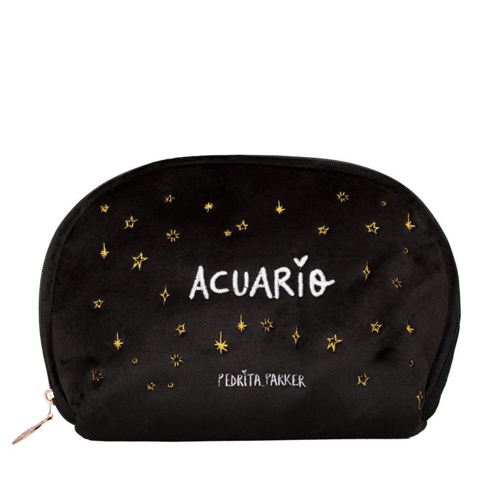 Pedrita Parker Women's Velvet Toiletry Bag with Embroidered Horoscope, Black/White, Medio