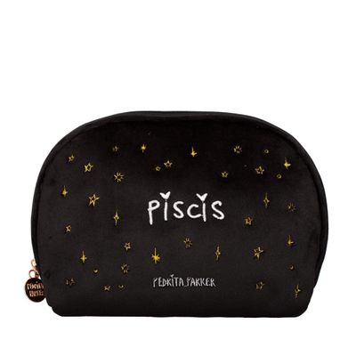 Pedrita Parker Women's Velvet Toiletry Bag with Embroidered Horoscope, Black/White, Medio