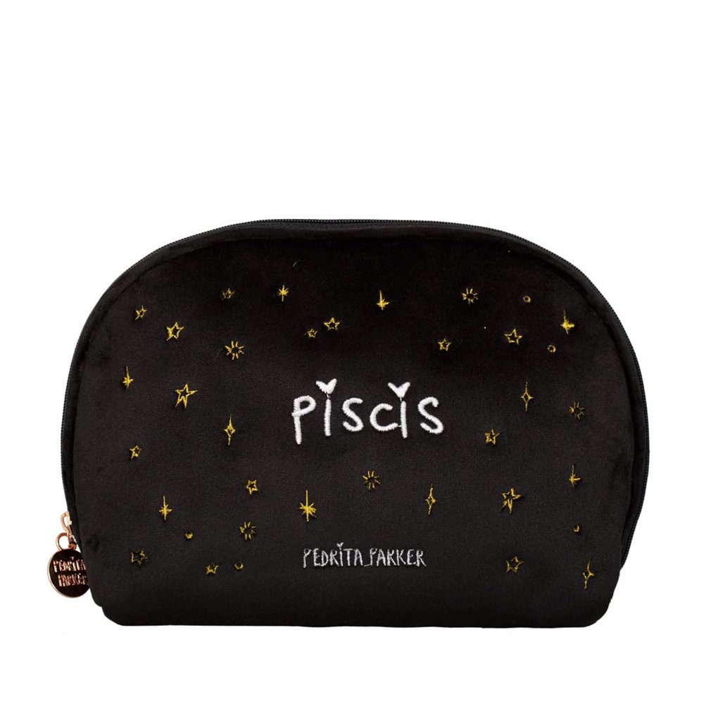 Pedrita Parker Women's Velvet Toiletry Bag with Embroidered Horoscope, Black/White, Medio