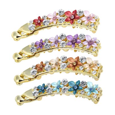 BIUDECO 4pcs Flower Fashion Banana Hair Clip Ponytail Holder for Women Crystal Design Long Hair Clip Non Slip Grip