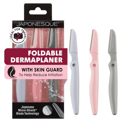 JAPONESQUE Foldable Dermaplaner Facial Razors - 3 Piece Set, Eyebrow And Facial Hair Razor Kit - One Blade Fixed Dermaplane Razor For Women Multicolor