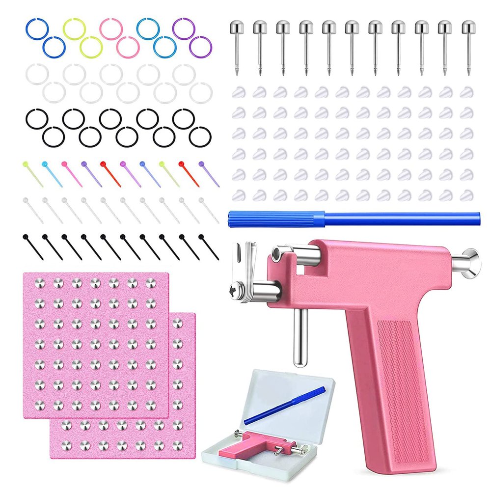 Longbeauty 550pcs Ear Piercing Gun Kit Stainless Steel Body Piercing Tools Studs Earrings Nose Lip Navel Piercing Machine for Home Salon Piercing Needles (Pink-550pcs)
