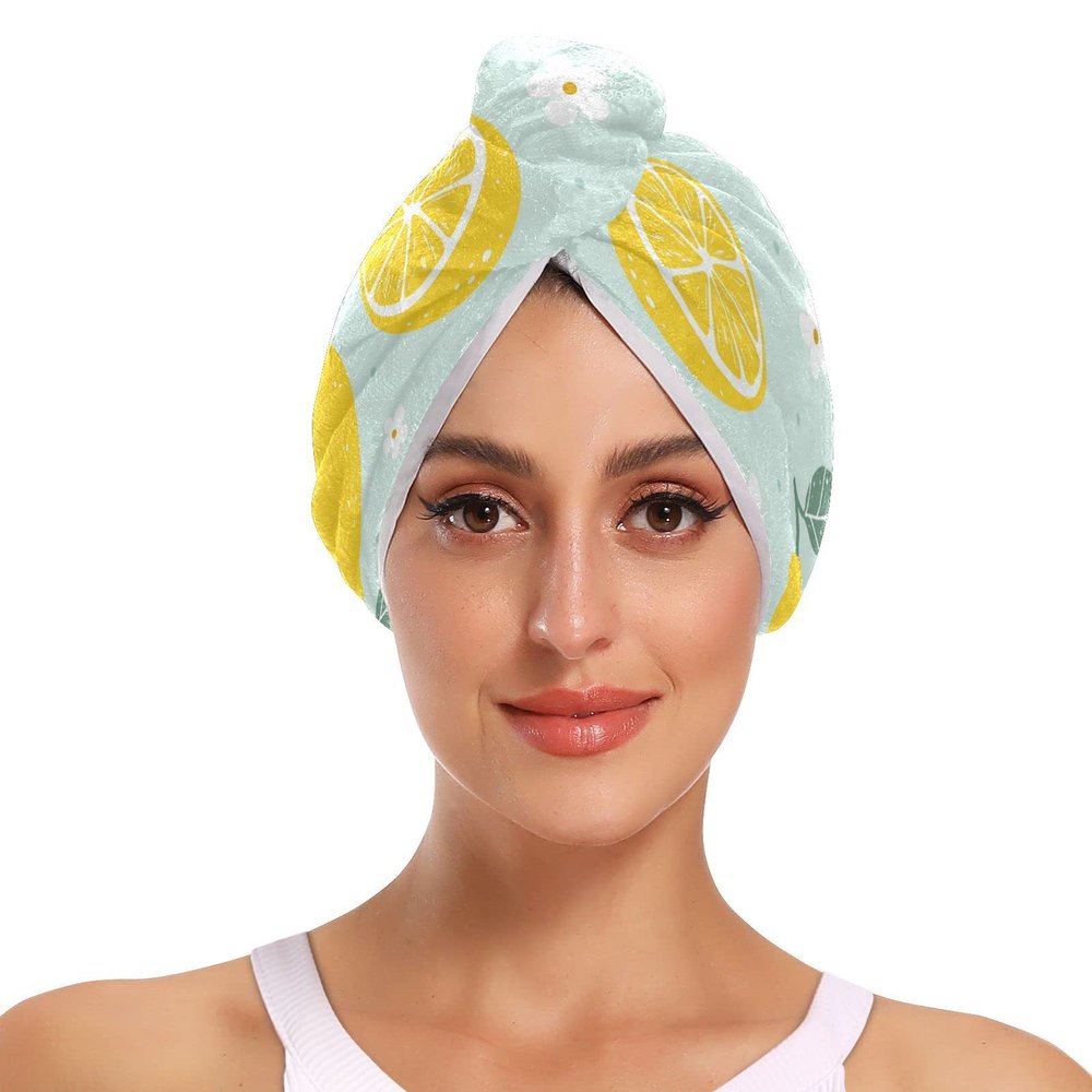Bolaz Lemon on Light Blue Background Hair Towel 2 Pack, Super Absorbent Hair Drying Towel Quick Dry Hair Turbans Head Towel with Button Twisty Wrap for Women Girls