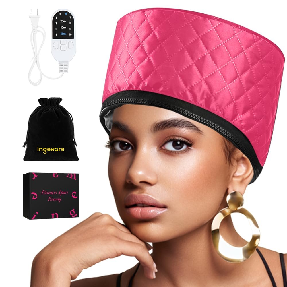 Heat Cap for Deep Conditioning, Ingeware Thermal Cap for Hair Steamer Cap for Natural Hair Portable Electric Heat Hair Spa Cap for Home Use Pattern (Rose Red)