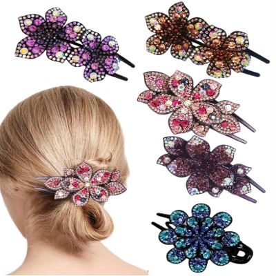 5 Pcs double flower decorative jeweled rhinestone hair clip pretty fancy floral thick crystal hair clips for women beautiful fashion designer asian accessories long chinese korean vintage ornaments