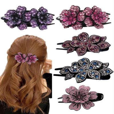 5 Pcs double flower decorative jeweled rhinestone hair clip pretty fancy floral thick crystal hair clips for women beautiful fashion designer asian accessories long chinese korean vintage ornaments