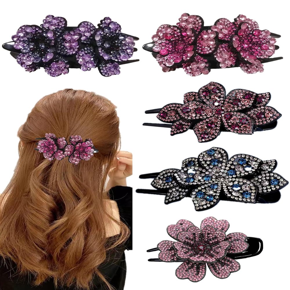 5 Pcs double flower decorative jeweled rhinestone hair clip pretty fancy floral thick crystal hair clips for women beautiful fashion designer asian accessories long chinese korean vintage ornaments