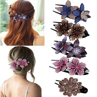 5 Pcs double flower decorative jeweled rhinestone hair clip pretty fancy floral thick crystal hair clips for women beautiful fashion designer asian accessories long chinese korean vintage ornaments