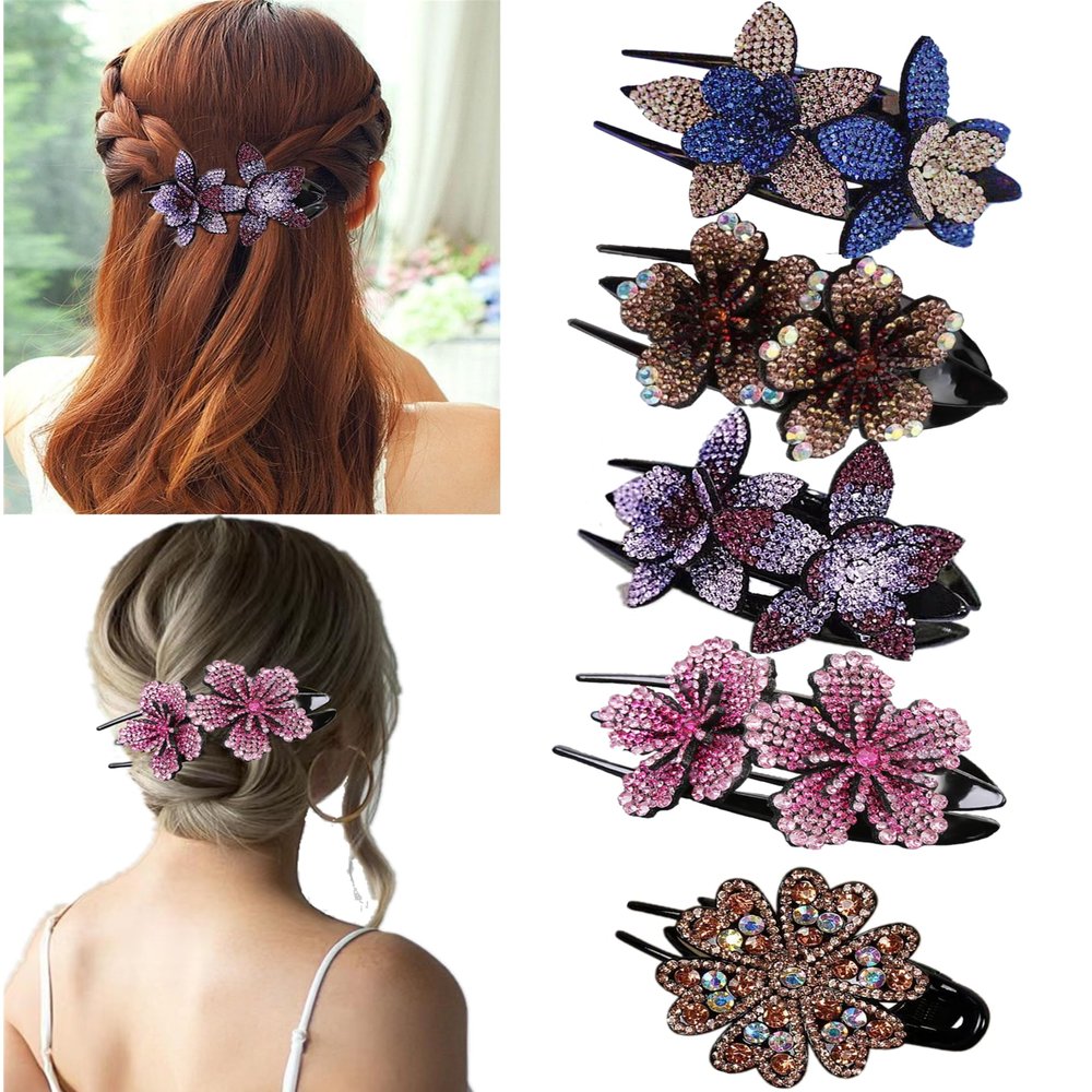 5 Pcs double flower decorative jeweled rhinestone hair clip pretty fancy floral thick crystal hair clips for women beautiful fashion designer asian accessories long chinese korean vintage ornaments
