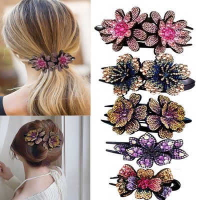 5 Pcs double flower decorative jeweled rhinestone hair clip pretty fancy floral thick crystal hair clips for women beautiful fashion designer asian accessories long chinese korean vintage ornaments