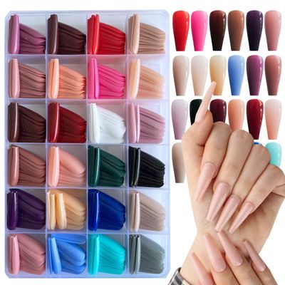 AddFavor Long Coffin Press on Nails Full Cover Ballerina Fake Nails Glossy Acrylic Artificial False Nail Tips for Women and Girls, 576pcs, 24 Pure Colors