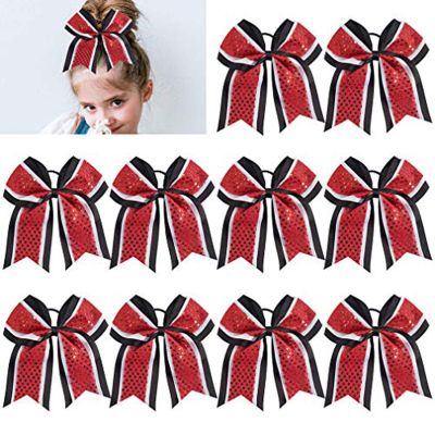 10 PCS 7" Large Glitter Cheer Bows Girls Red Black Ponytail Holders Hair Bows Bulk Elastic Hair Ties Accessories for Cheerleaders Teens Women Teams Competition Sports Pack of 10
