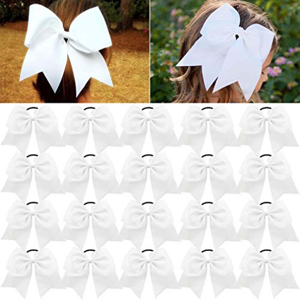 CEELGON 8" 20PCS Large Cheer Bows White Ponytail Holder Girls Elastic Hair Ties Hair Accessories for Teens Women Girls Softball Competition Sports Cheerleaders