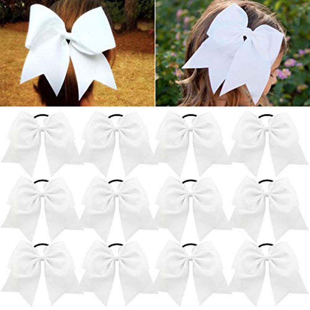 CEELGON 8" 12PCS Large Cheer Bows White Ponytail Holder Girls Elastic Hair Ties Hair Accessories for Teens Women Girls Softball Competition Sports Cheerleaders