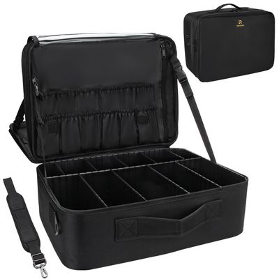 Relavel Extra Large Makeup Case with Plastic Dividers Washable and Easy to Clean, Travel Makeup Train Case Professional Makeup Artist Bag Portable Nail Organizer Box Art Supply Case (Black)
