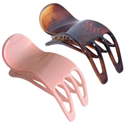 Parcelona French Simply Bear Paw Medium 3 Celluloid Acetate Set of 2 Side Slide In Jaw Yoga Fine Hair Claw Clip for Women and Girls (Blush Pink and Brown)