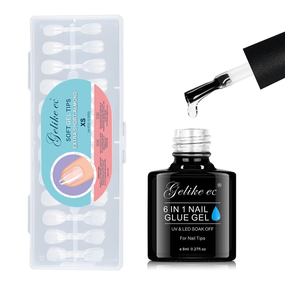 Gelike EC Extra Short Soft Gel Nail Tips Kit for Soak Off Nail Extensions Bundle with 6 in 1 Gel Nail Glue for Clear Acrylic Nails Long Lasting, Curing Needed UV Extension Glue