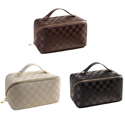 3 Pcs PU leather Large Capacity Checkered Travel Cosmetic Bag-Big women Makeup Bag, Portable Leather Waterproof Bag, Organizer, with Handle and Divider Flat Lay Checkered cBags (Brown White Black)