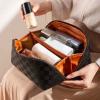 3 Pcs PU leather Large Capacity Checkered Travel Cosmetic Bag-Big women Makeup Bag, Portable Leather Waterproof Bag, Organizer, with Handle and Divider Flat Lay Checkered cBags (Brown White Black) view 2