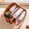 3 Pcs PU leather Large Capacity Checkered Travel Cosmetic Bag-Big women Makeup Bag, Portable Leather Waterproof Bag, Organizer, with Handle and Divider Flat Lay Checkered cBags (Brown White Black) view 3