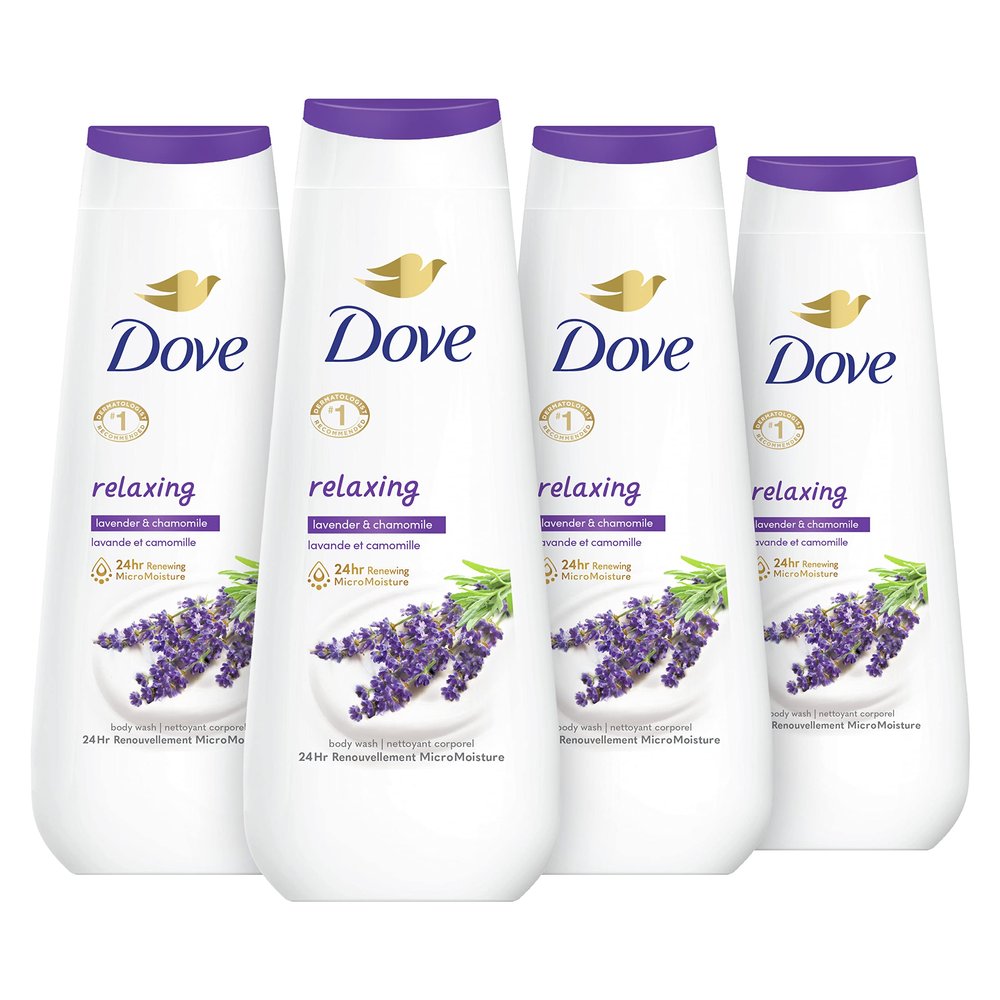 Dove Body Wash 4 Count Relaxing Lavender Oil & Chamomile for Renewed, Healthy-Looking Skin Gentle Skin Cleanser with 24hr Renewing MicroMoisture 20 oz