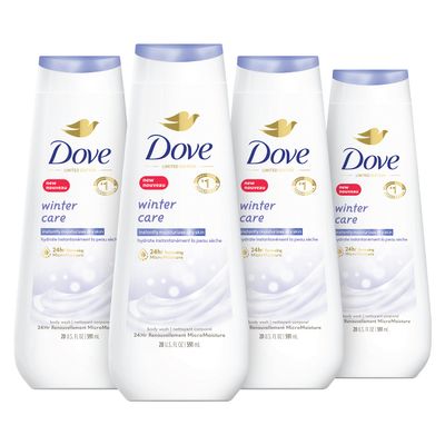 Dove Limited Edition Body Wash Winter Care 4 Count for Renewed, Healthy-Looking Skin with 24hr Renewing MicroMoisture Gentle Cleanser Instantly Moisturizes Dry Skin 20 oz