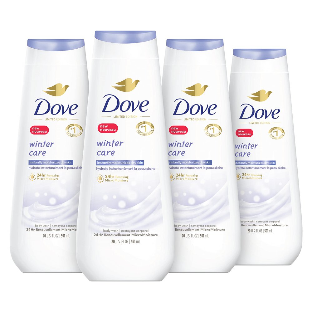 Dove Limited Edition Body Wash Winter Care 4 Count for Renewed, Healthy-Looking Skin with 24hr Renewing MicroMoisture Gentle Cleanser Instantly Moisturizes Dry Skin 20 oz