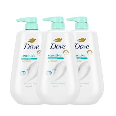 Dove Body Wash 3 Count Sensitive Skin For 24hr Lotion-Soft Skin Moisturizing Skin Cleanser Gentle Hypoallergenic Formula with No Sulfates No Parabens
