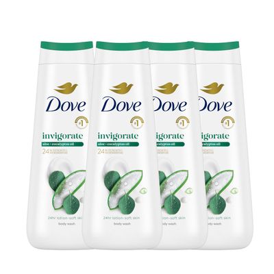 Dove Body Wash with Pump 4 Count Invigorate Aloe & Eucalyptus For 24hr Lotion-Soft Skin Moisturizing Skin Cleanser with No Sulfates No Parabens