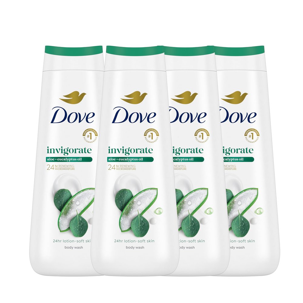 Dove Body Wash with Pump 4 Count Invigorate Aloe & Eucalyptus For 24hr Lotion-Soft Skin Moisturizing Skin Cleanser with No Sulfates No Parabens